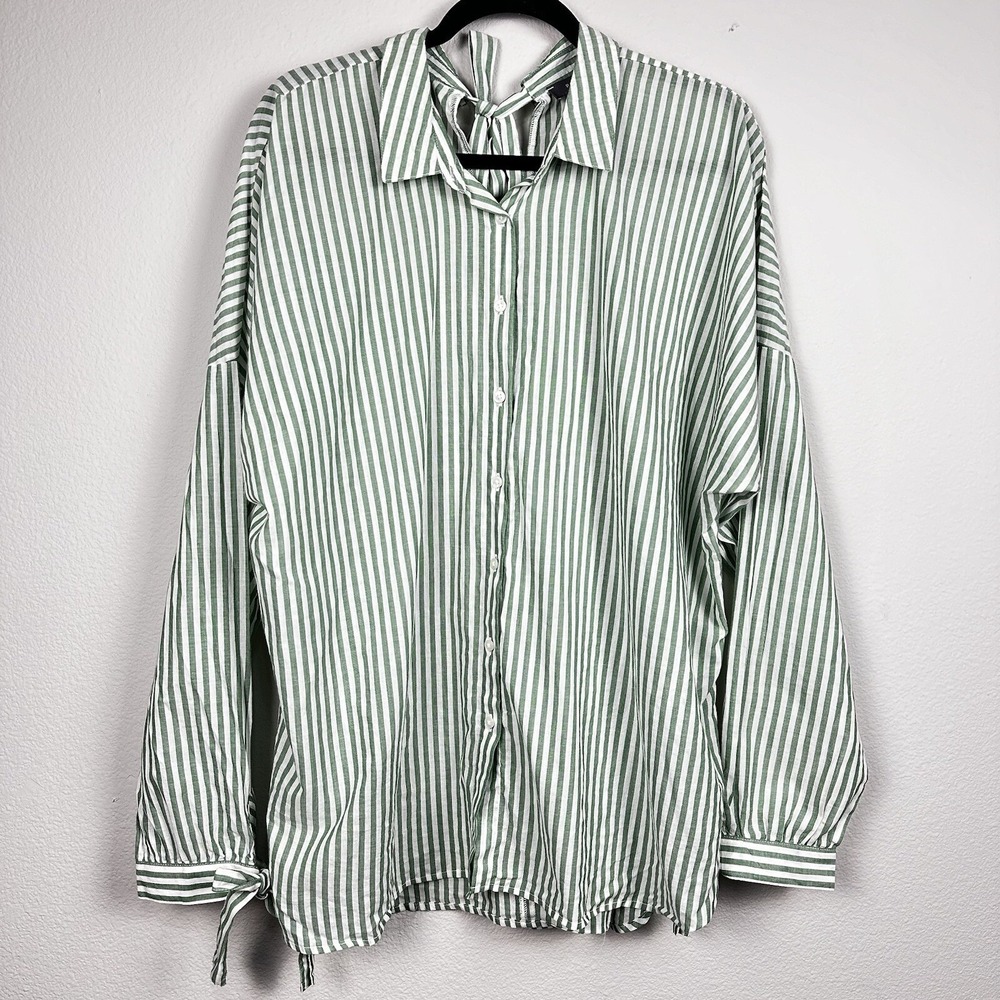 Primark‎ Button Down Top Size 16 Green White Striped Tie Back